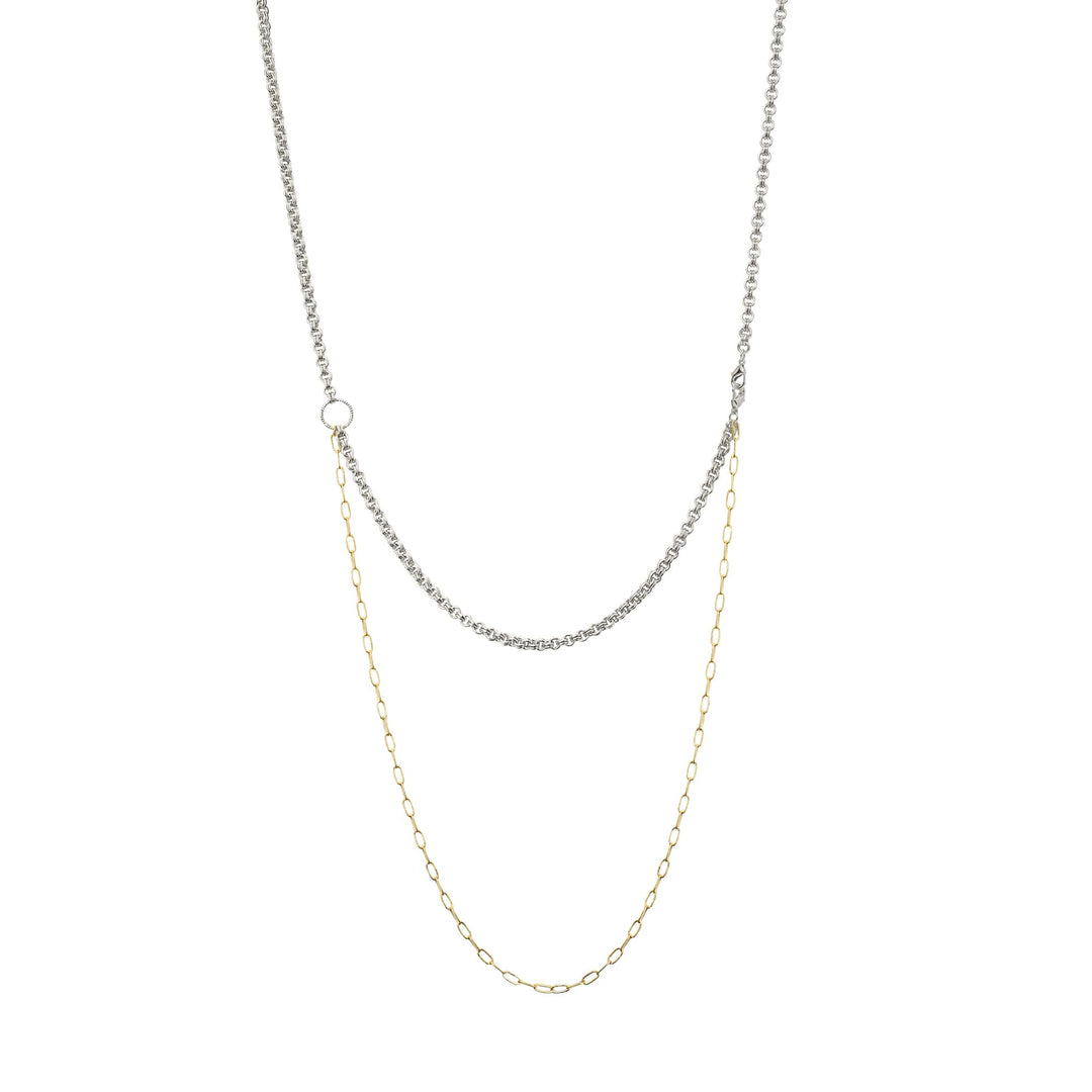 Risis Oncidium Symphony Necklace with Pearls - A dual-layered necklace with a top silver chain and a longer bottom gold chain, minimalist, elegant, suspended against an invisible backdrop.