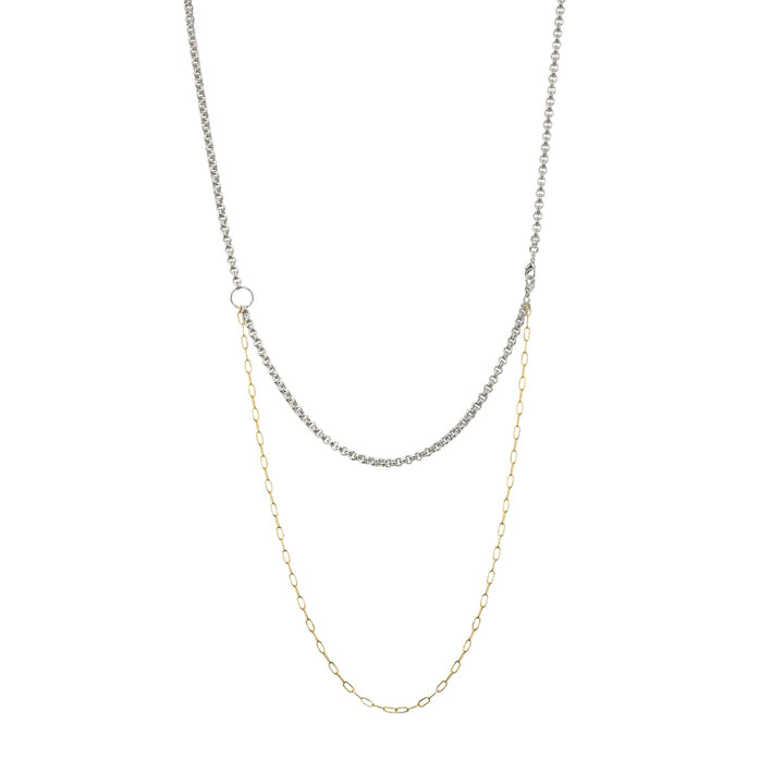Risis Oncidium Symphony Necklace with Pearls - A dual-layered necklace with a top silver chain and a longer bottom gold chain, minimalist, elegant, suspended against an invisible backdrop.