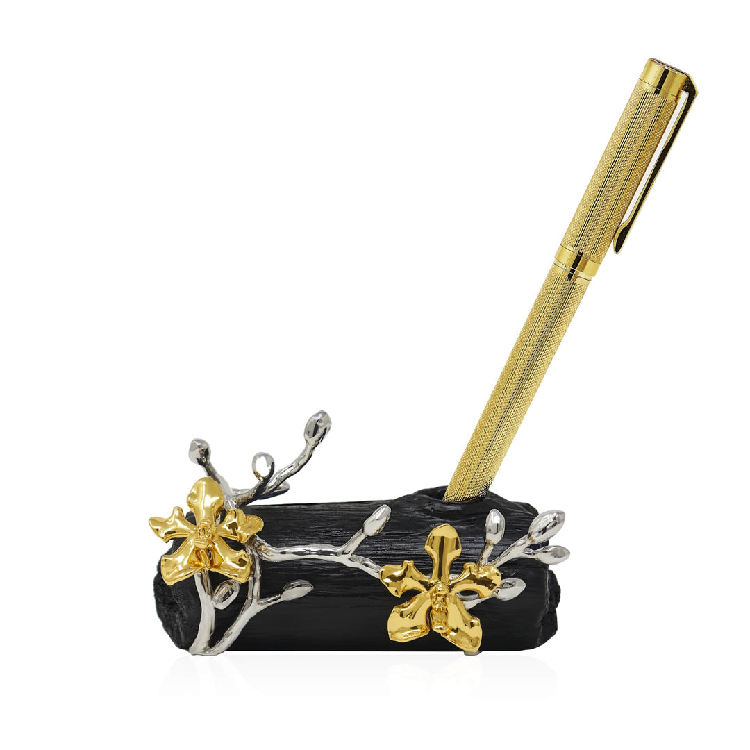 Risis Orchid Spiral Charcoal Pen and Name Card Holder - A golden textured pen rests on a stand with silver branches and golden flowers, showcasing intricate craftsmanship against a white backdrop.