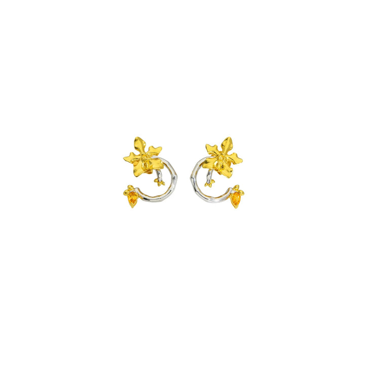 Risis Orchid Spiral Earrings - A pair of circular silver earrings with ornate yellow gold accents resembling flowers and small hanging leaves, showcasing elegance and craftsmanship.