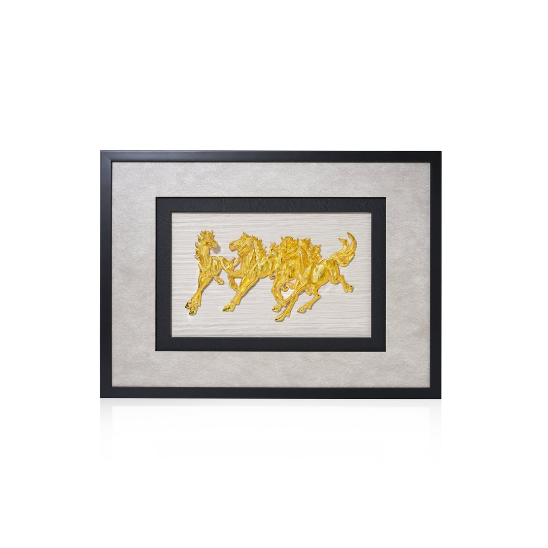 Risis Paramount Horses Frame IV - A golden relief of three horses in motion, framed in black and grey mats, embodies dynamic elegance and artistry.
