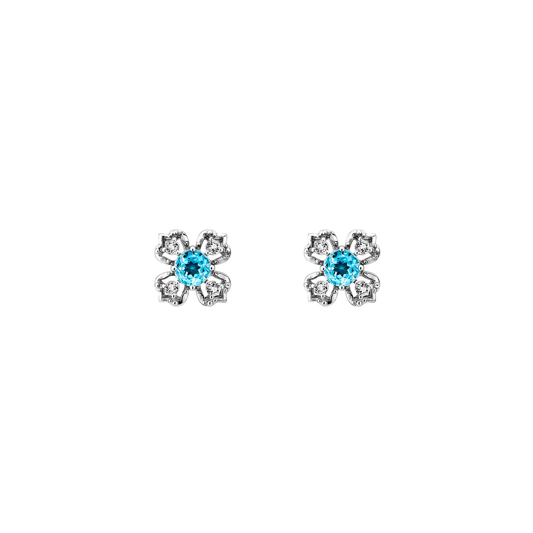 Risis Peranakan Kebaya Earrings (RH) with Sky Blue Topaz - A pair of flower-shaped earrings feature central turquoise stones surrounded by sparkling clear gem petals set in a silver-tone metal.