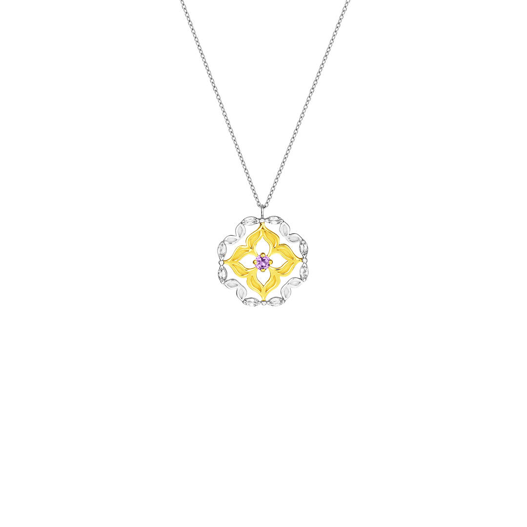 Risis Peranakan Necklace with Amethyst & White Topaz - A silver necklace with a circular pendant featuring intricate cut-out designs, a central yellow motif, and a touch of pink, creating an elegant and colorful accessory.