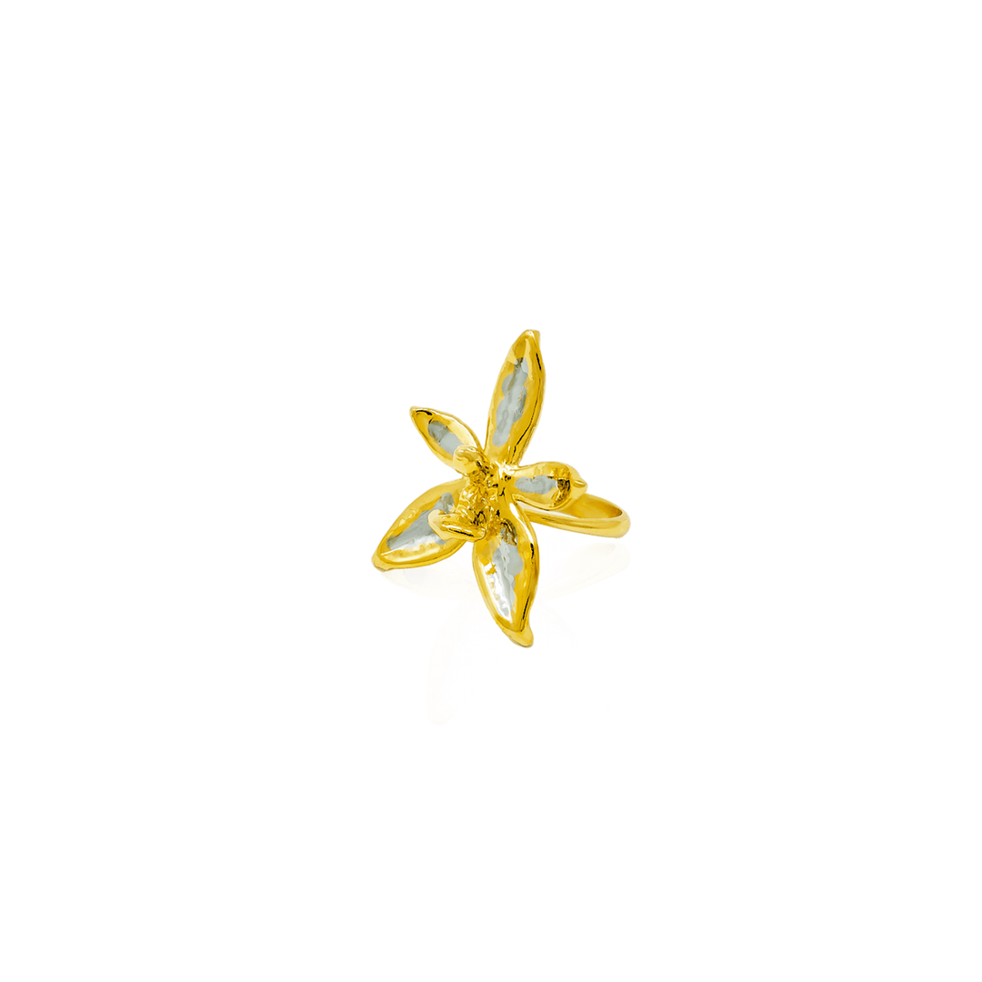 Risis Phalaenopsis Blossom Ring - A golden ring shaped like a five-petaled flower, with translucent yellowish gemstones set in the petals, stands isolated against a pure background.