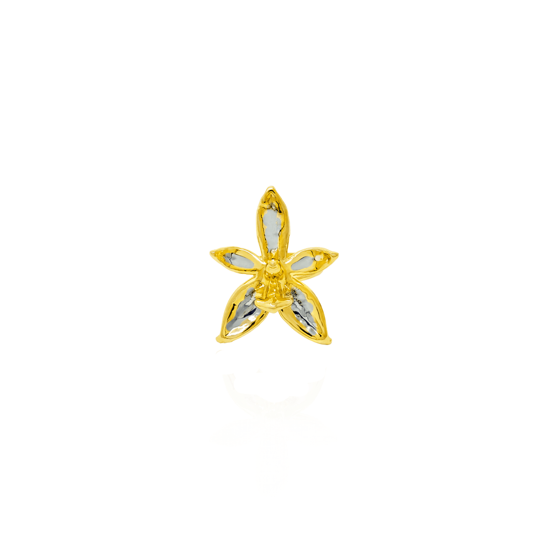 Risis Phalaenopsis Blossom Ring - A five-petaled flower-shaped earring with a glossy gold outline and shimmering, clear gemstone petals, radiating elegance and simplicity.