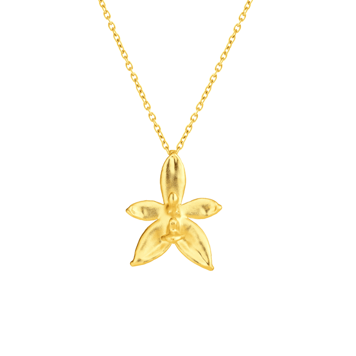 Risis Phalaenopsis Cornu Cervi Orchid Necklace (G) - A shimmering gold necklace with a five-petaled, star-shaped pendant displays a polished and slightly textured finish, suspended on a delicate chain.