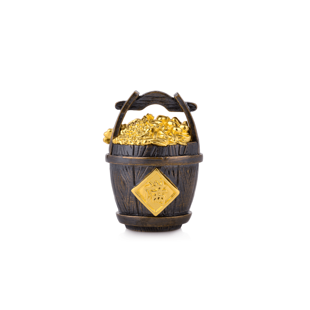 Risis Prosperous Grain Barrel - A miniature wooden barrel-shaped container with golden accents and an ornate emblem, overflowing with glistening golden treasures, suggesting a sense of antique charm and wealth.