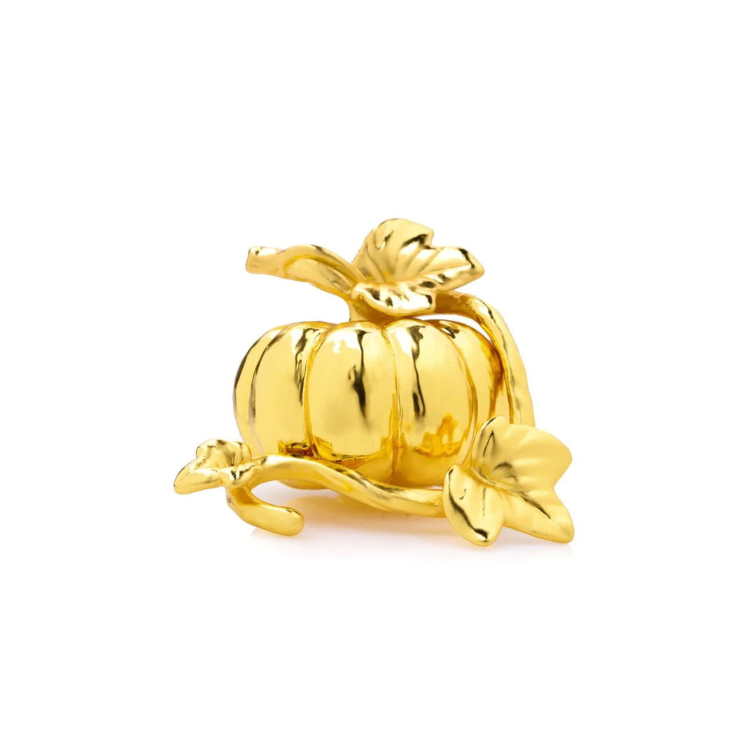 Risis Pumpkin - A shiny golden pumpkin sculpture with prominent grooves and a curly stem, accented by smooth leaves, exudes an elegant and whimsical charm.