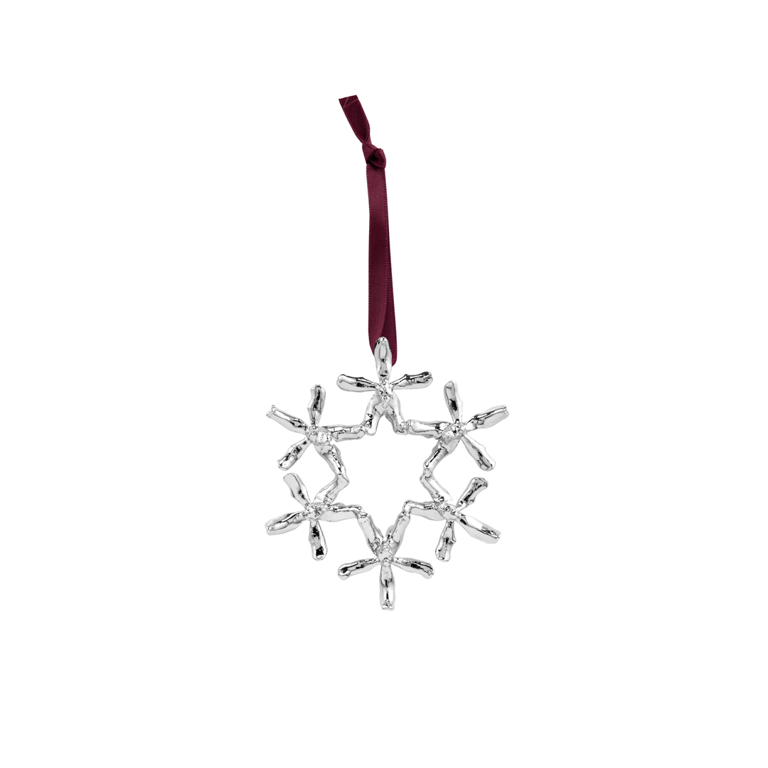 Risis Renantanda Sawadi Orchid Ornament (RH) - A silver snowflake-shaped ornament with a reflective surface hangs from a burgundy ribbon, conveying a festive and elegant look.
