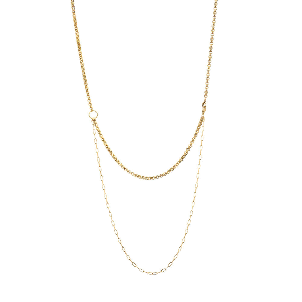 Risis Renantanda Symphony Necklace with Pearls - A double-layered, gold-colored necklace features a delicate chain in the upper tier and a longer, slightly larger looped chain forming the lower tier, presenting a simple elegant design.
