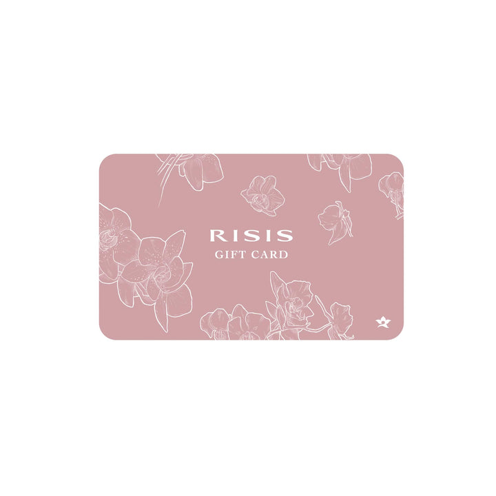 Risis - A gift card in muted pink features white, floral line art and stylized text displaying the brand and the card's purpose.