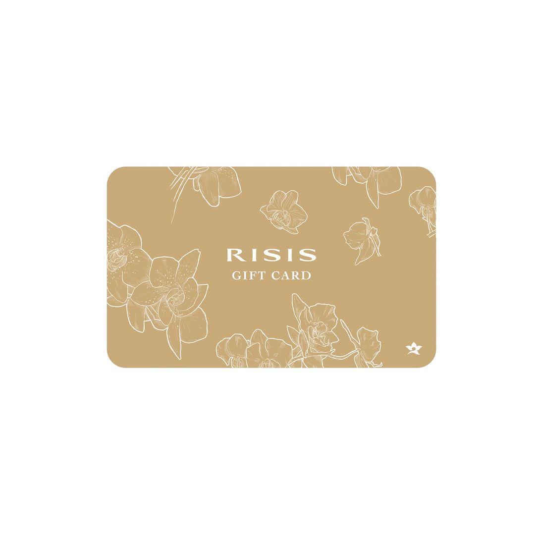 Risis - A rectangular gift card in earthy tones GIFT CARD" in simple, elegant font.