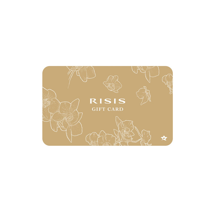 Risis - A rectangular gift card in earthy tones GIFT CARD" in simple, elegant font.