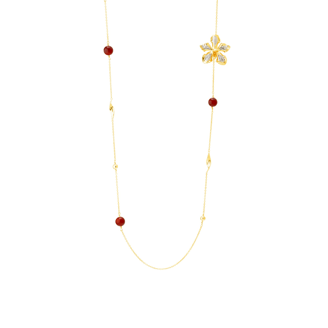 Risis Vanda Blossom Necklace (PG) - A delicate gold chain necklace with evenly spaced red beads and an intricate gold flower pendant.