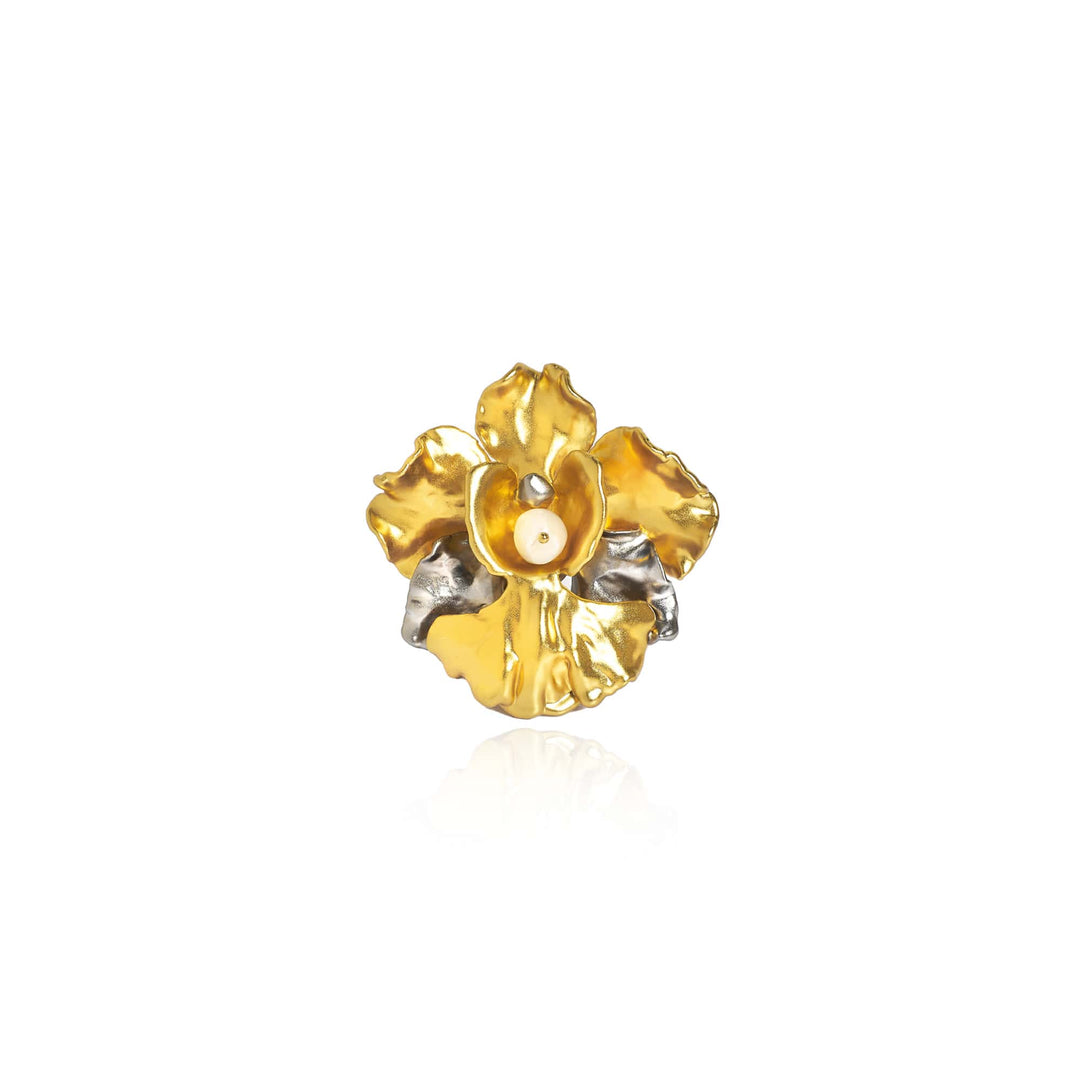 Risis Vanda Miss Joaquim Orchid Pearl Brooch - This is a gold and silver-colored floral brooch with a lustrous pearl at its center, exhibiting elegant and intricate metalwork design.