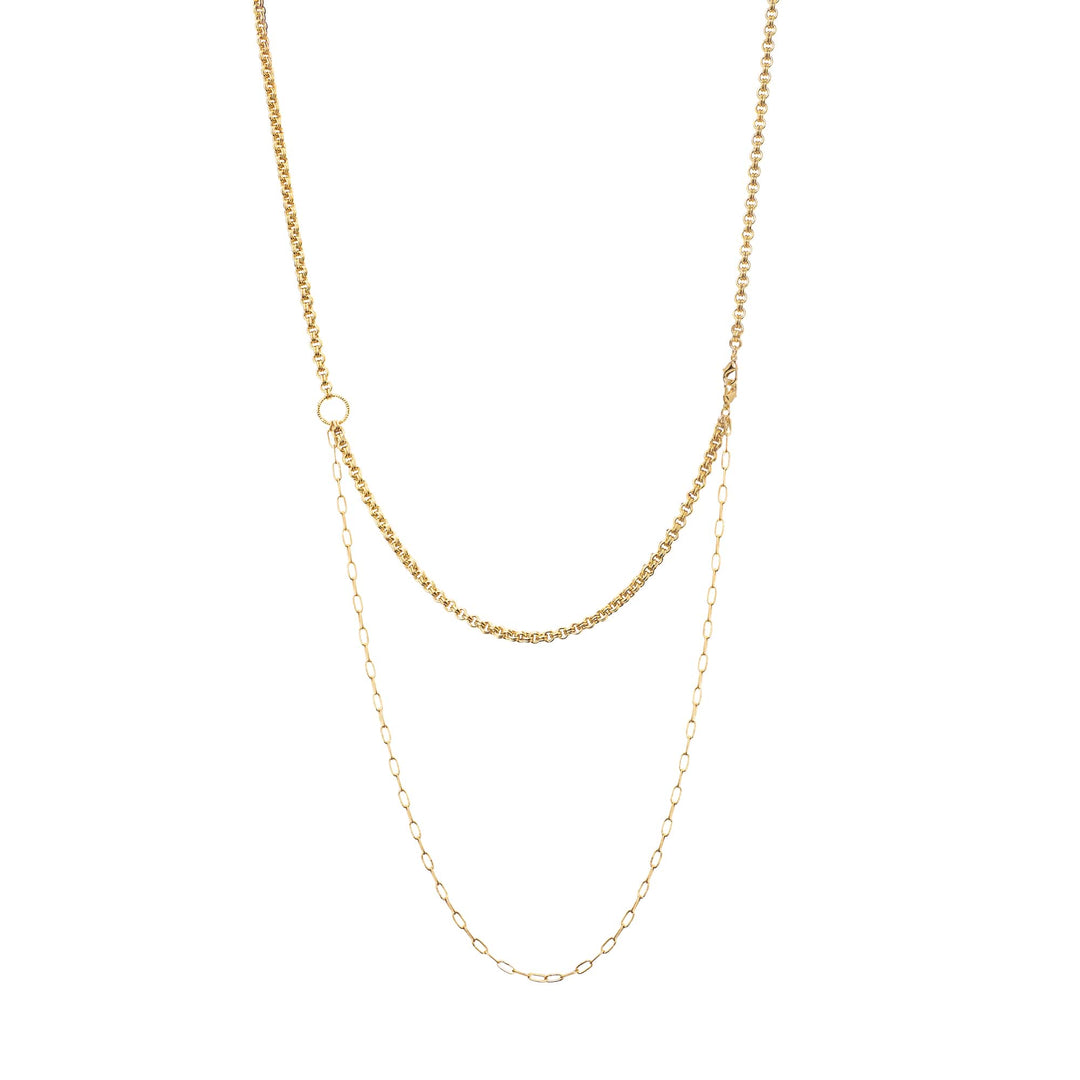 Risis Vanda Symphony Necklace with Pearls - A golden layered necklace features a delicate chain with a small ring connecting to a lower, looped strand adding an elegant simplicity.