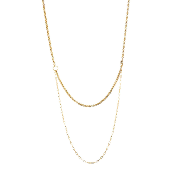Risis Vanda Symphony Necklace with Pearls - A golden layered necklace features a delicate chain with a small ring connecting to a lower, looped strand adding an elegant simplicity.
