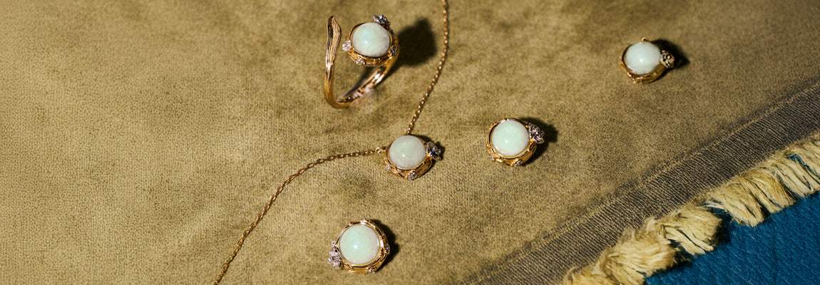 925 Sterling Silver Jadeite Halo Earrings Ring Necklace Encapsulated in 18K Gold and Rhodium with Type A Jadeite