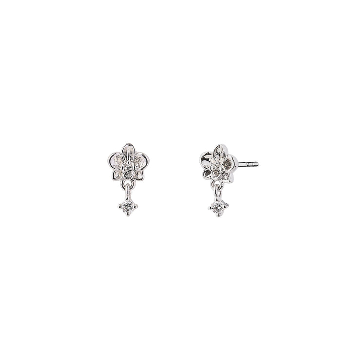 Orchid bloom diamond drop stud earrings in 14K white gold, small dangling flower