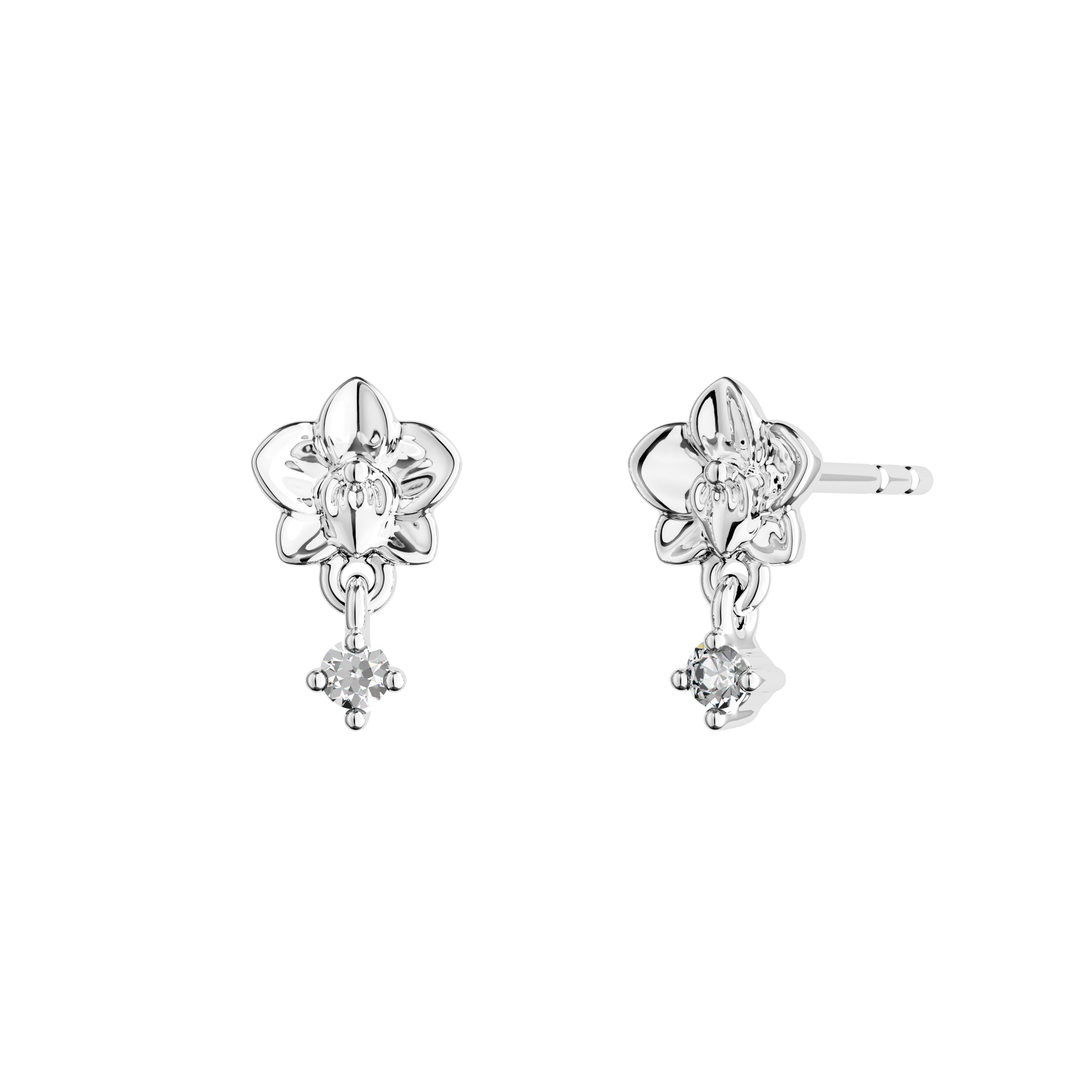 Orchid bloom diamond drop stud earrings in 14K white gold, small dangling flower