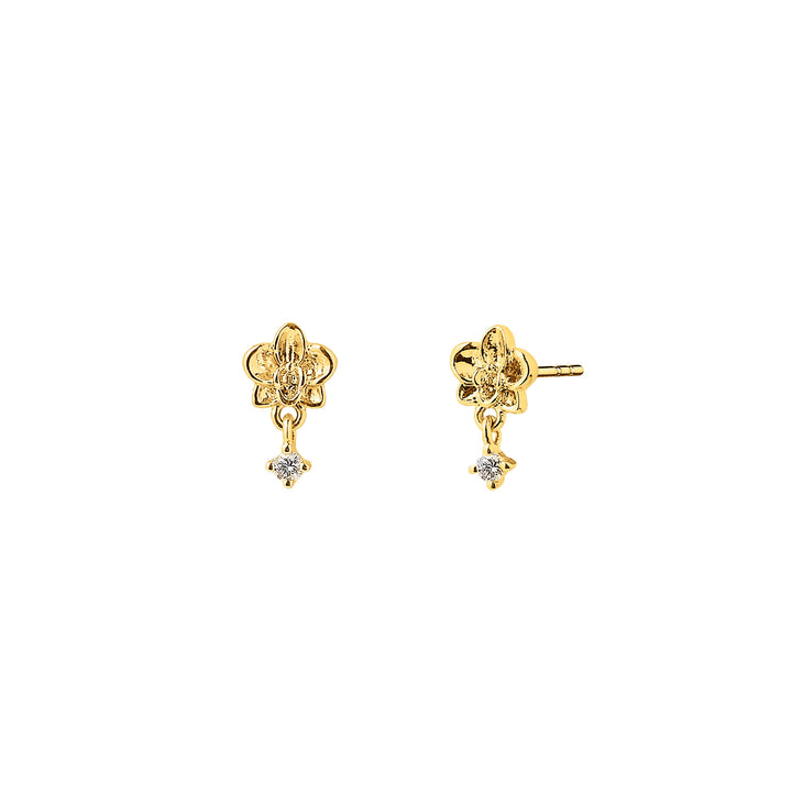 14K yellow gold orchid bloom earrings with diamond accents and a dangling stone