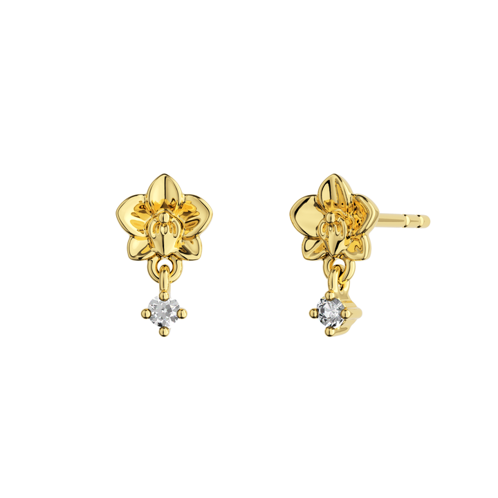 14K yellow gold orchid bloom earrings with diamond accents and a dangling stone