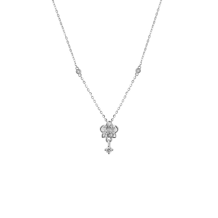 14K white gold diamond orchid bloom pendant necklace with small round stones