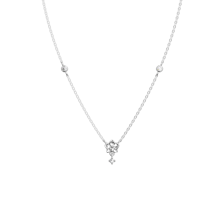 14K white gold diamond orchid bloom pendant necklace with small round stones