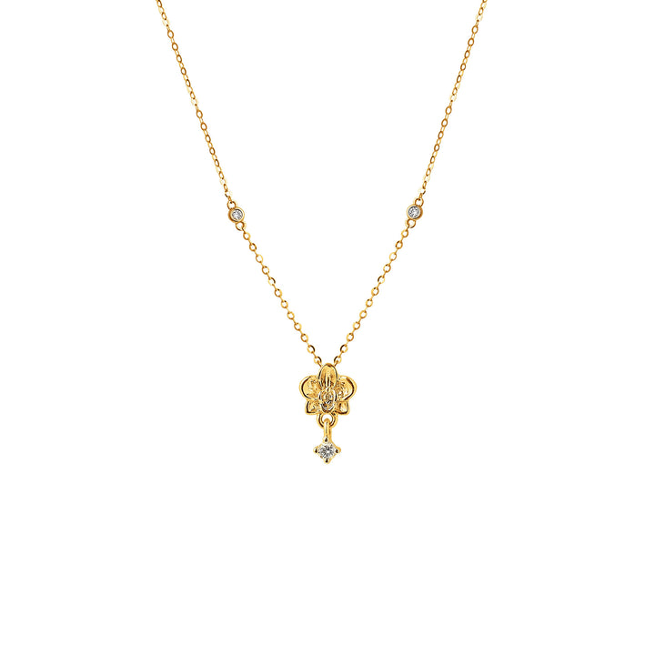 14K yellow gold orchid bloom necklace with diamond accents