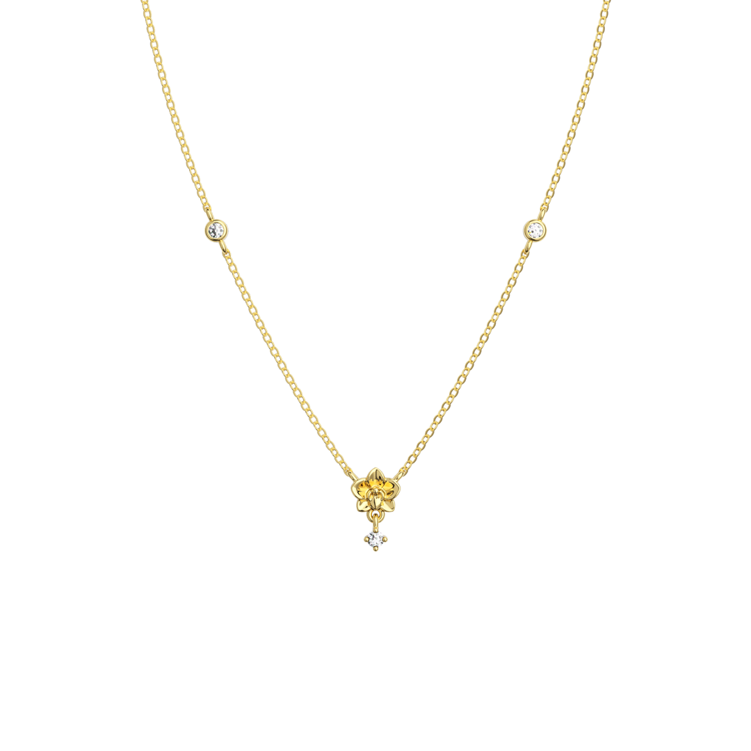 14K yellow gold orchid bloom necklace with diamond accents
