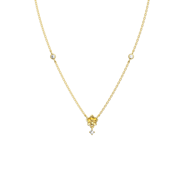 14K yellow gold orchid bloom necklace with diamond accents