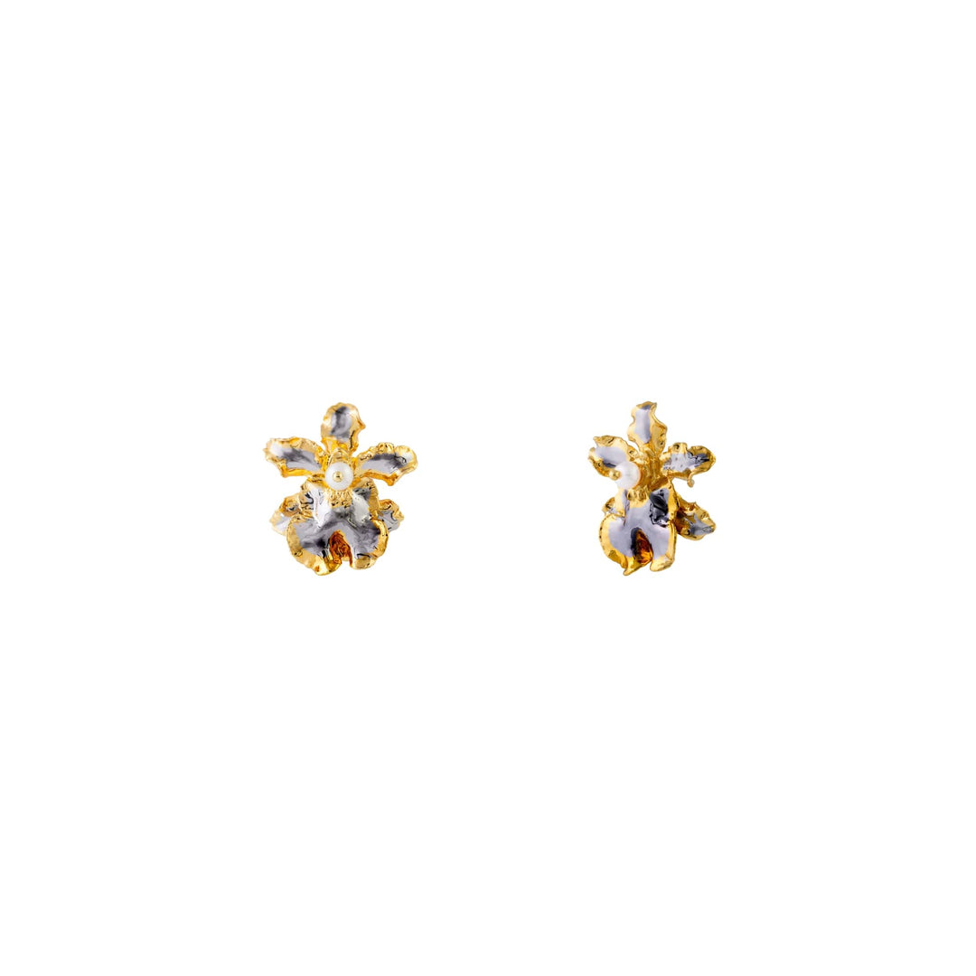 Risis 1974 Oncidium Earrings - A pair of intricate earrings with gold accents and splashes of white enamel. They possess a floral, organic design with asymmetry suggesting natural forms.