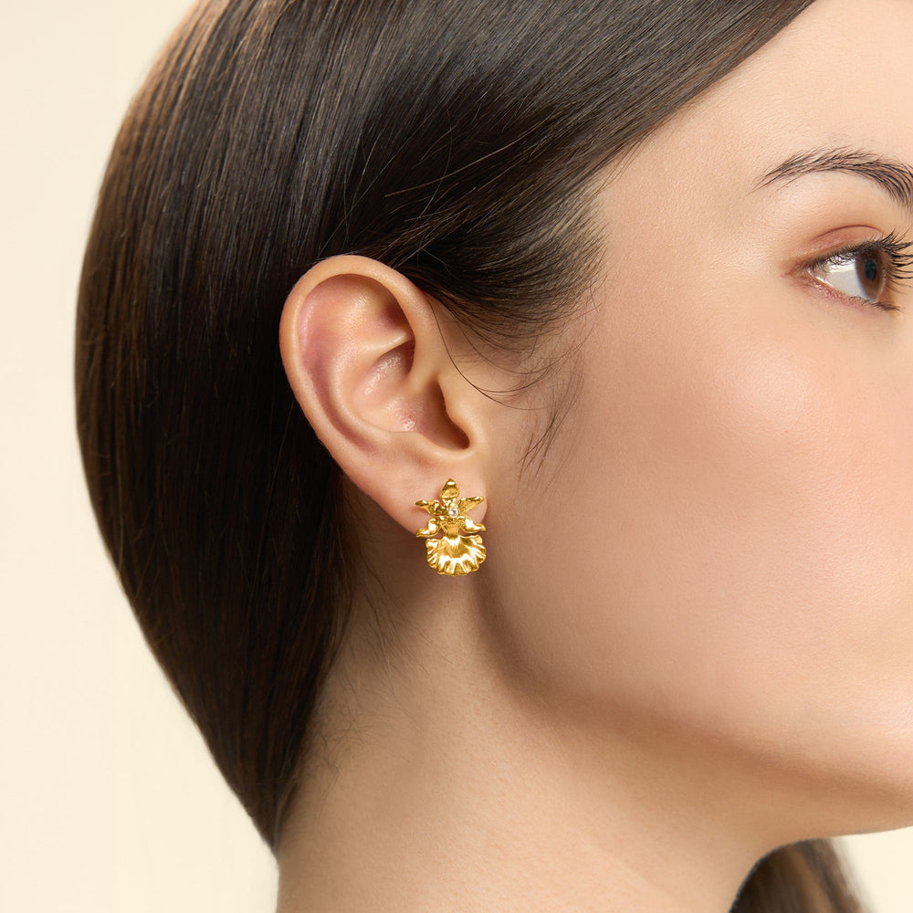 Risis 1974 Oncidium Engeline Lee Earrings - A gold earring shaped like a lion's head with detailed mane hangs from a woman's earlobe, showcasing intricate design and a polished finish.