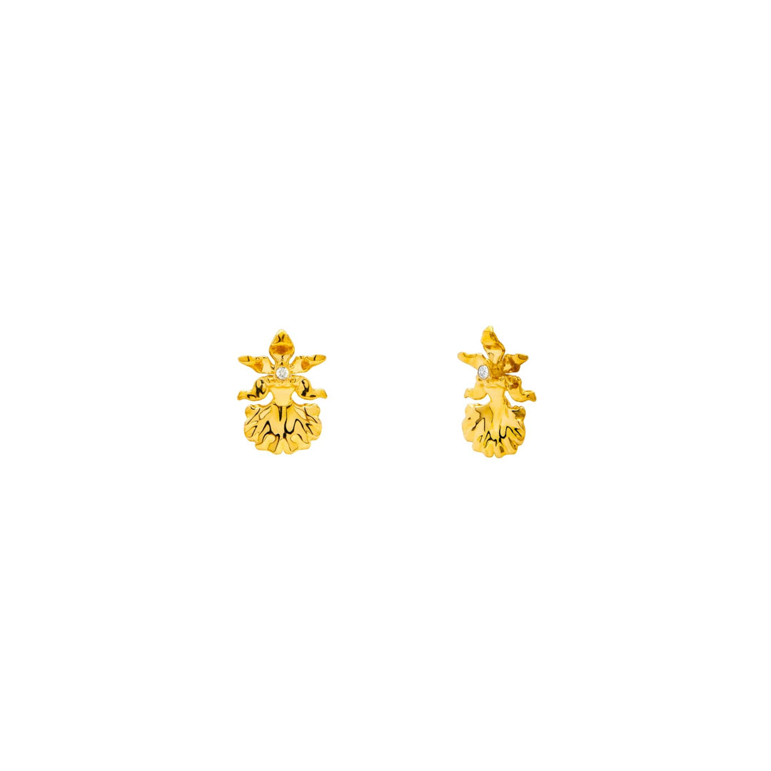 Risis 1974 Oncidium Engeline Lee Earrings - A pair of gold earrings with intricate leaf-like designs and a central sparkling stone, conveying elegance and craftsmanship.