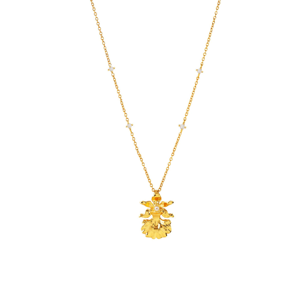 Risis 1974 Oncidium Engeline Lee Necklace - A golden necklace with a delicate chain, small interspersed clear crystals, and a centerpiece pendant resembling a stylized bee with detailed wings and a body, showcased against a neutral backdrop.