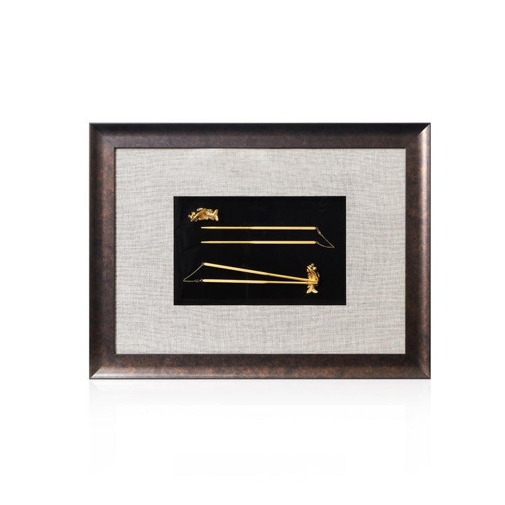 Risis 2 Pairs Chopsticks with Carp Rest Frame II - Two slender golden rods with ornate horse heads and tails displayed horizontally on a black background, mounted in a textured frame.