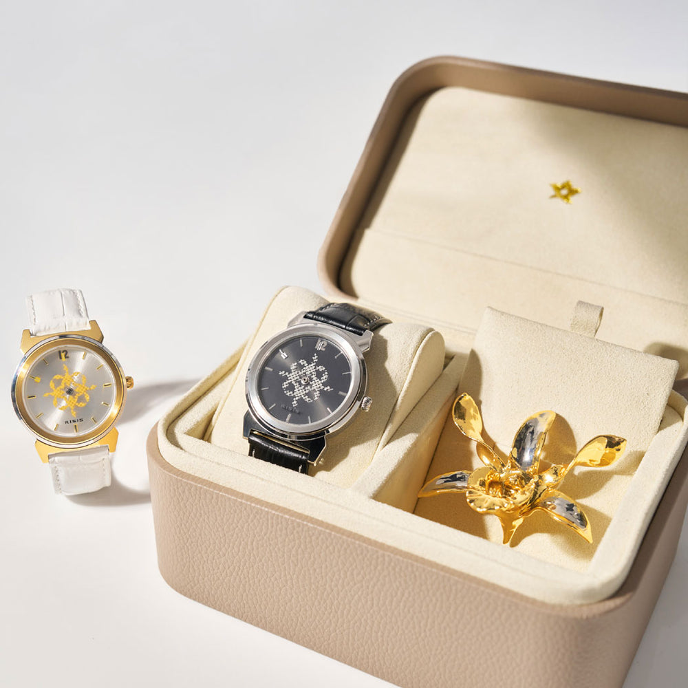 Women’s wristwatch set in open box: white-strap watch with gold-tone round case