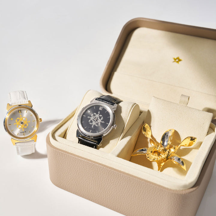 Women’s wristwatch set in open box: white-strap watch with gold-tone round case