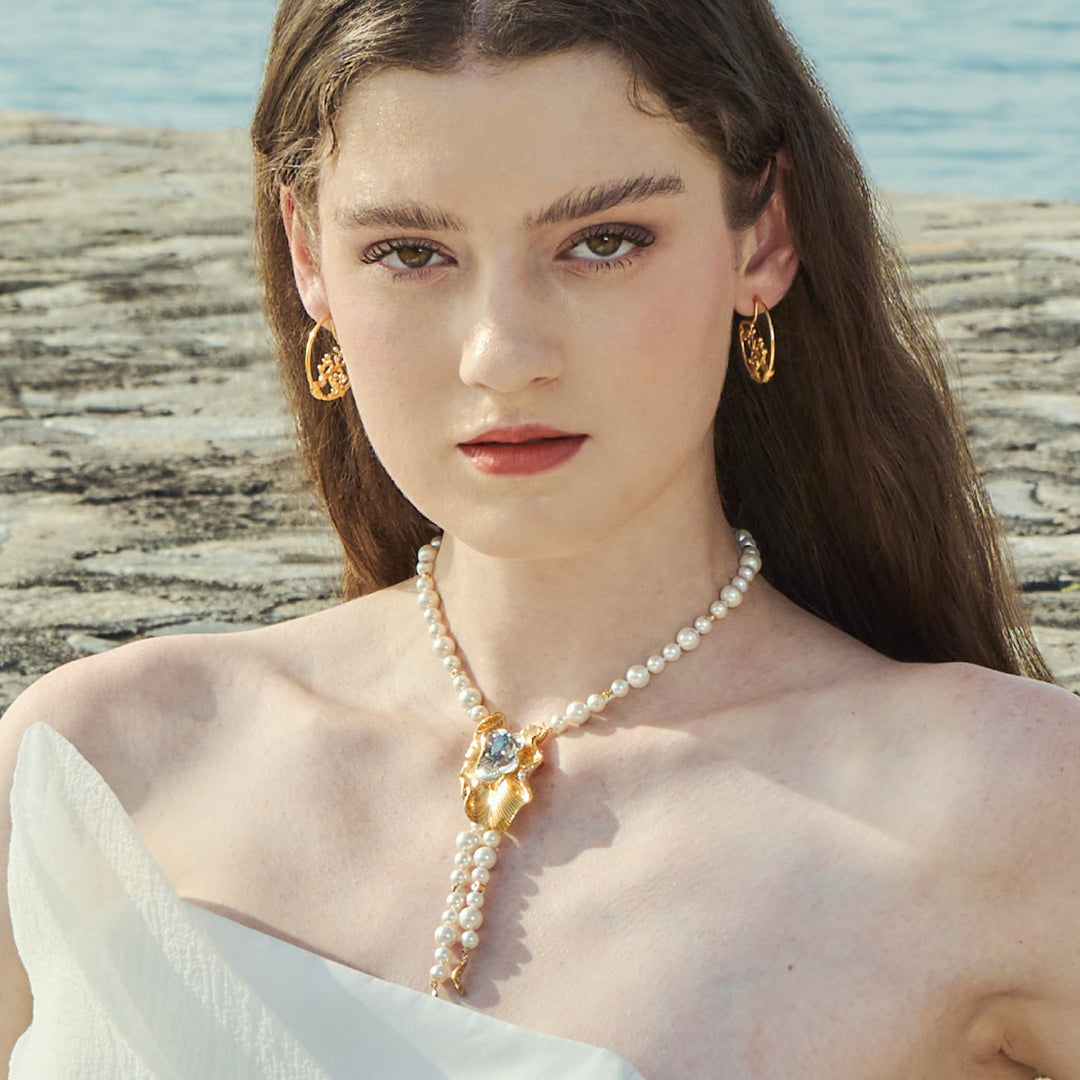 RISIS Aqua Enchanté Hoop Earrings In Gold, 925 Sterling Silver encapsulated in 18K Swiss Gold and Rhodium with Freshwater Pearls and Swiss Blue Topaz