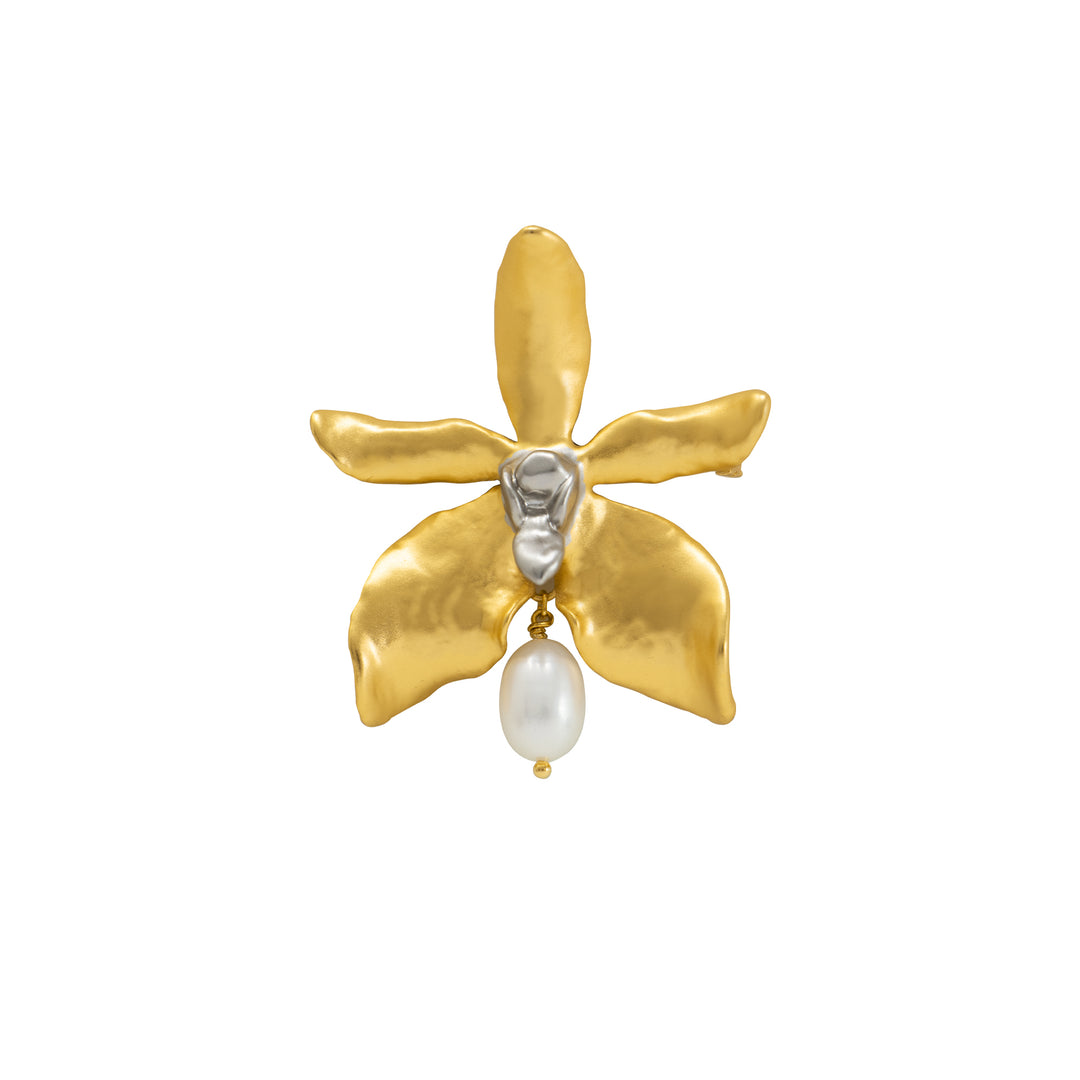 RISIS Aranthera Orchid Pearl Brooch, natural orchid encapsulated in 24K Swiss Gold and Palladium with Baroque Freshwater Pearl