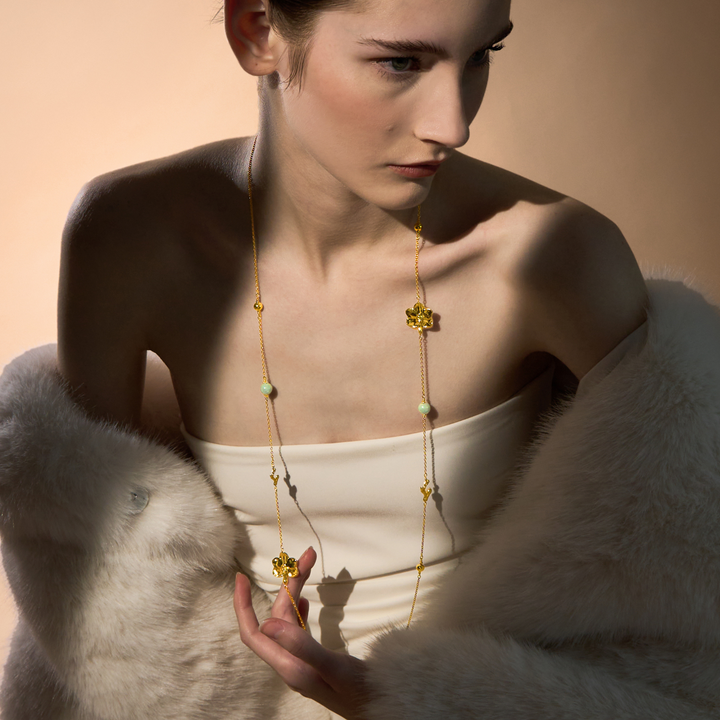 Blossom Long Necklace, Natural Ascocenda Orchids Encapsulated in 24K Swiss Gold with Type A Burmese Jadeite