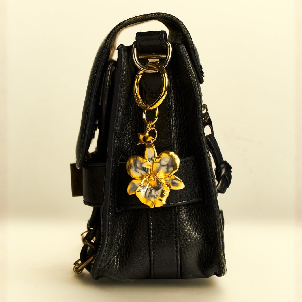 Cattleya Orchid Bag Charm-Brooch In Gold & Palladium, Encapsulated in 24K Swiss Gold and Palladium