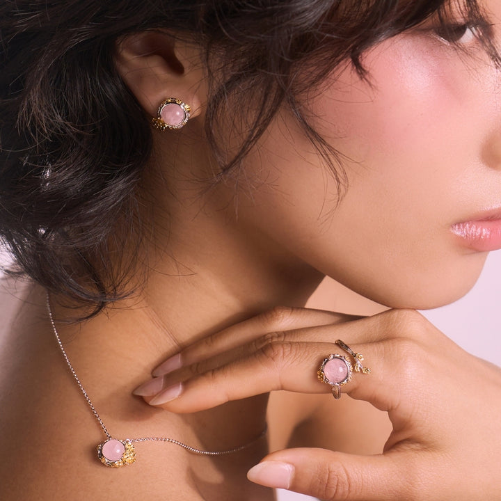 RISIS Cherry Blossom Earrings, Necklace & Ring, 925 Sterling Silver Encapsulated in Rhodium and 18K Gold with Rose Quartz
