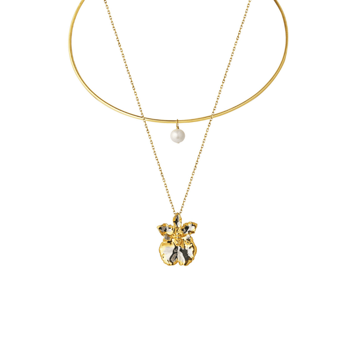 RISIS Coco Orchid Choker layered necklace encapsulated in 24K Swiss Gold and Palladium with Japanese Akoya Pearl