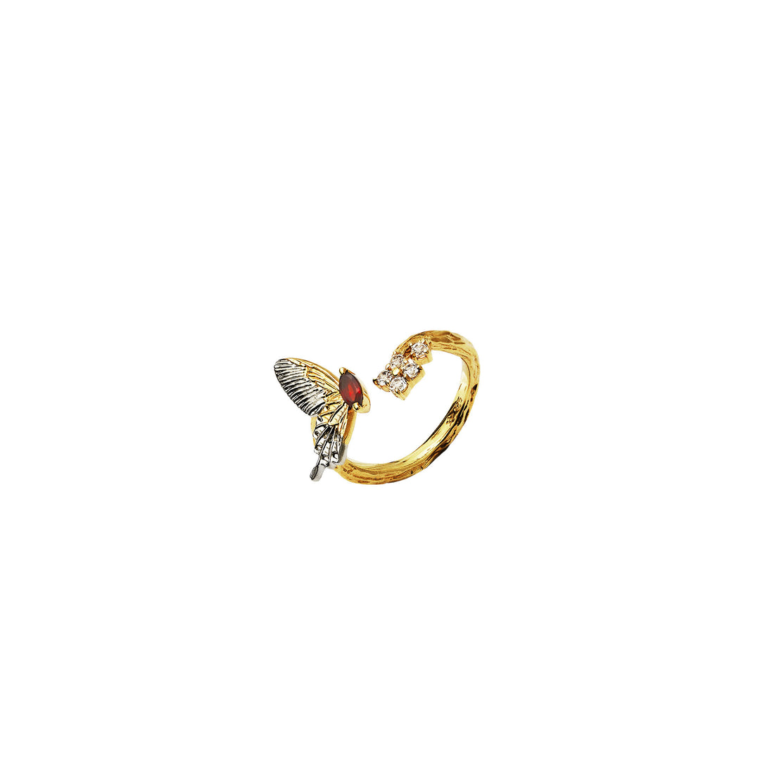 RISIS Botanique Butterfly Ring, 925 Silver Encapsulated in 24K Swiss Gold and Palladium with Red Garnet and White Topaz