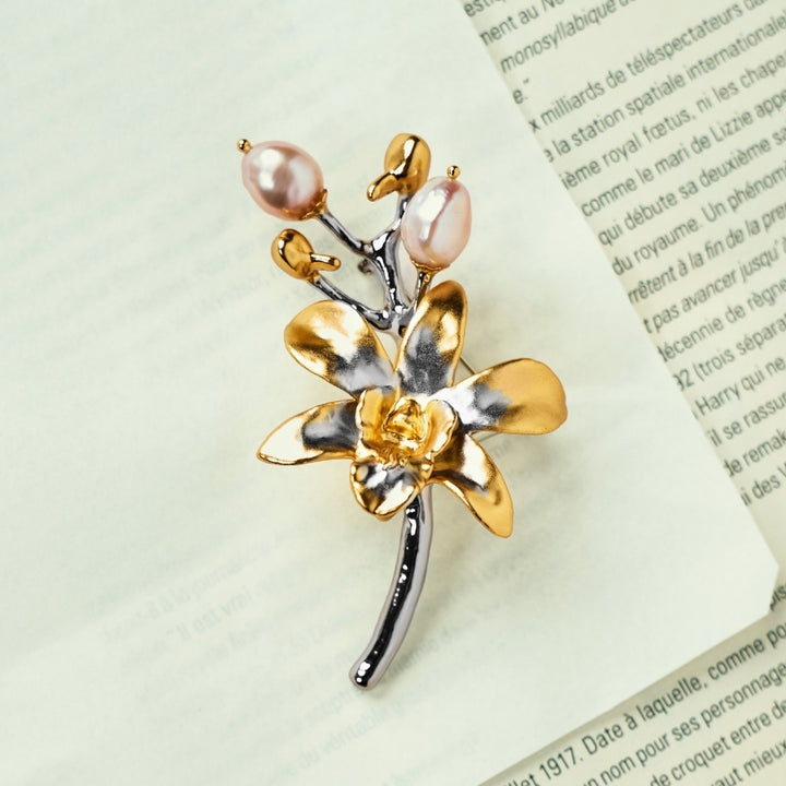 RISIS Dendrobium Orchid Vine brooch in 24K Swiss Gold and Palladium with natural Pink Freshwater Pearls