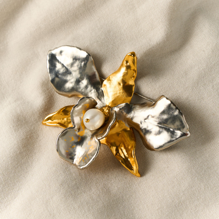 Dendrobium Star Orchid Pearl Brooch, Dendrobium Star Orchid Encapsulated in 24K Swiss Gold and Palladium with Baroque Freshwater Pearl