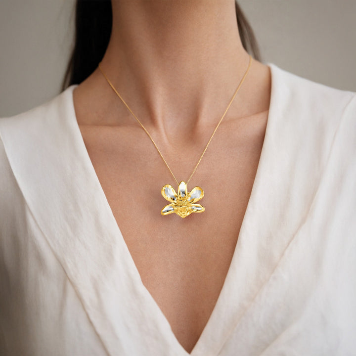 Dendrobium Thong Chai Orchid Necklace cum Brooch,  Natural  Orchid encapsulated in 24K Swiss Gold and Palladium