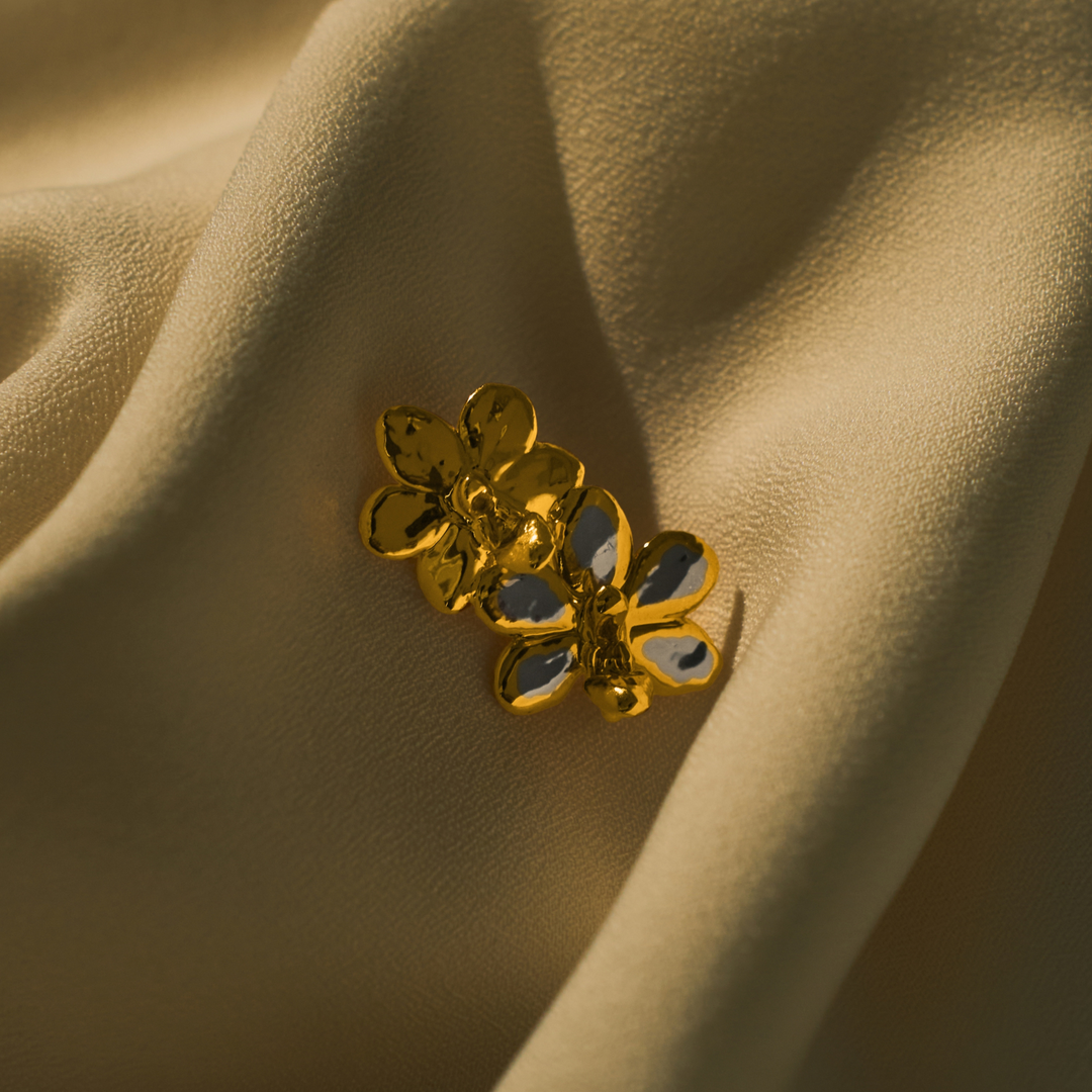 RISIS Doritaenopsis Orchid Climber Earring, Natural Doritaenopsis Pulcherima Orchid encapsulated in 24K Swiss Gold and Palladium