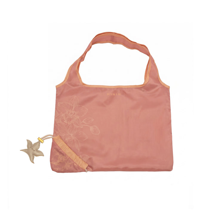 Foldable grocery bag with orchid illustrations and pouch